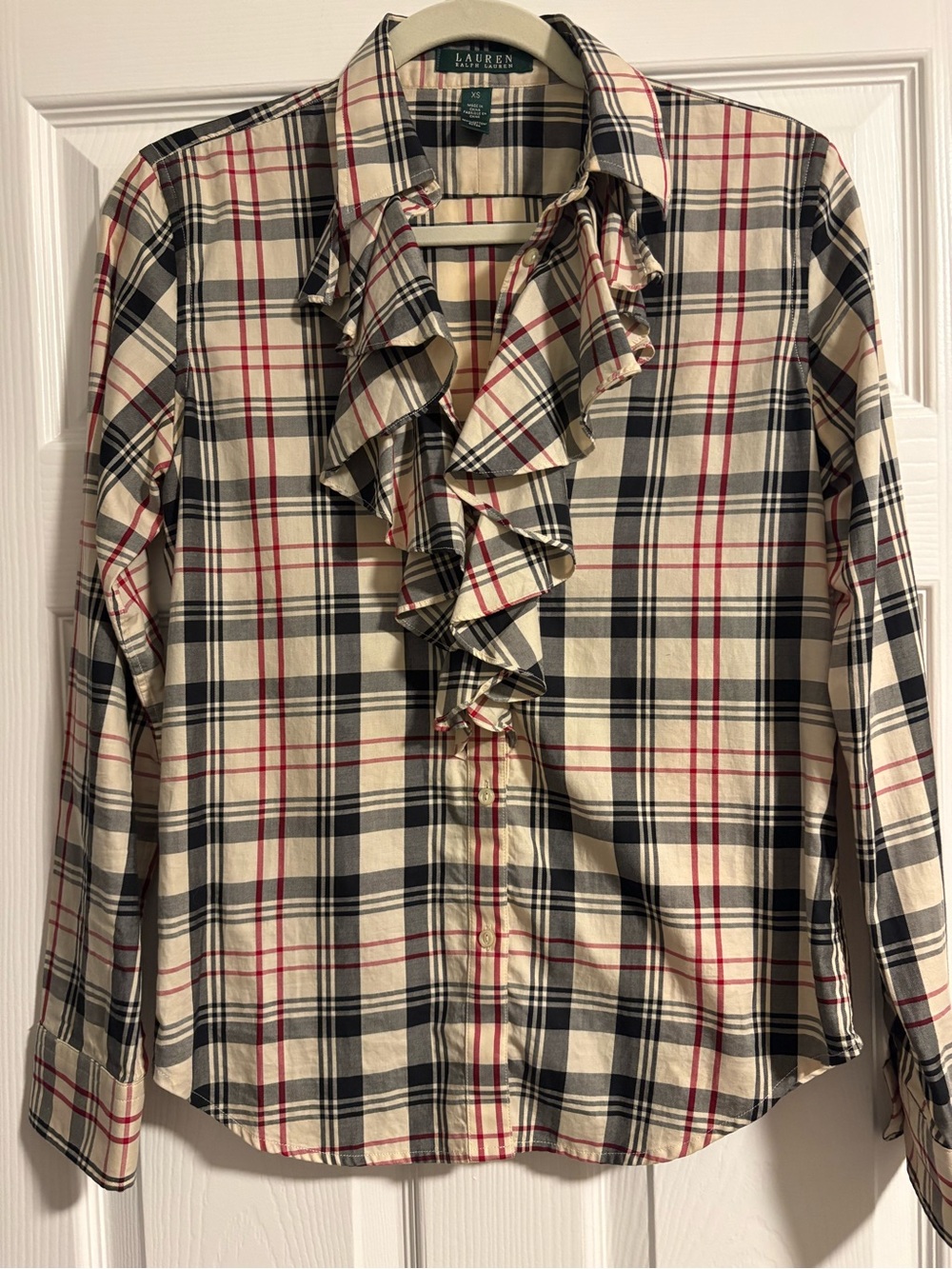 Lauren Ralph Lauren Plaid Ruffle Front Button Down Shirt XS 100% Cotton | XS